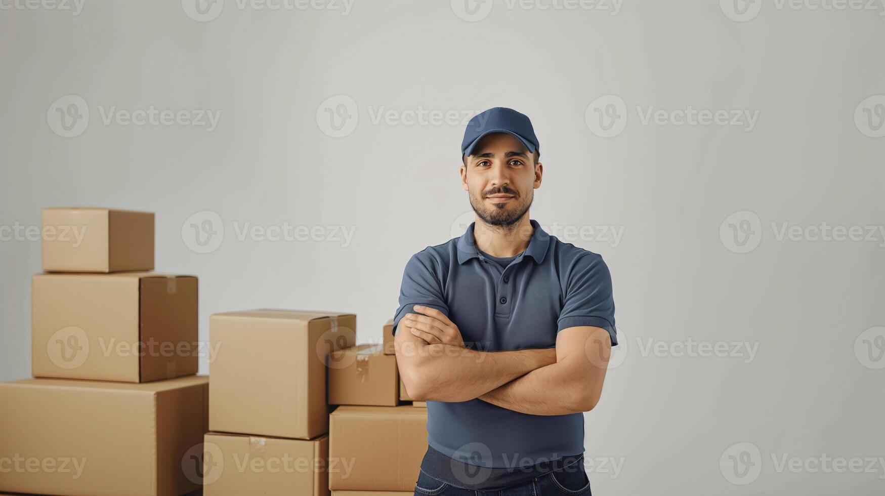 Confident delivery man with crossed arms, standing with cardboard boxes, representing reliability and efficiency photo