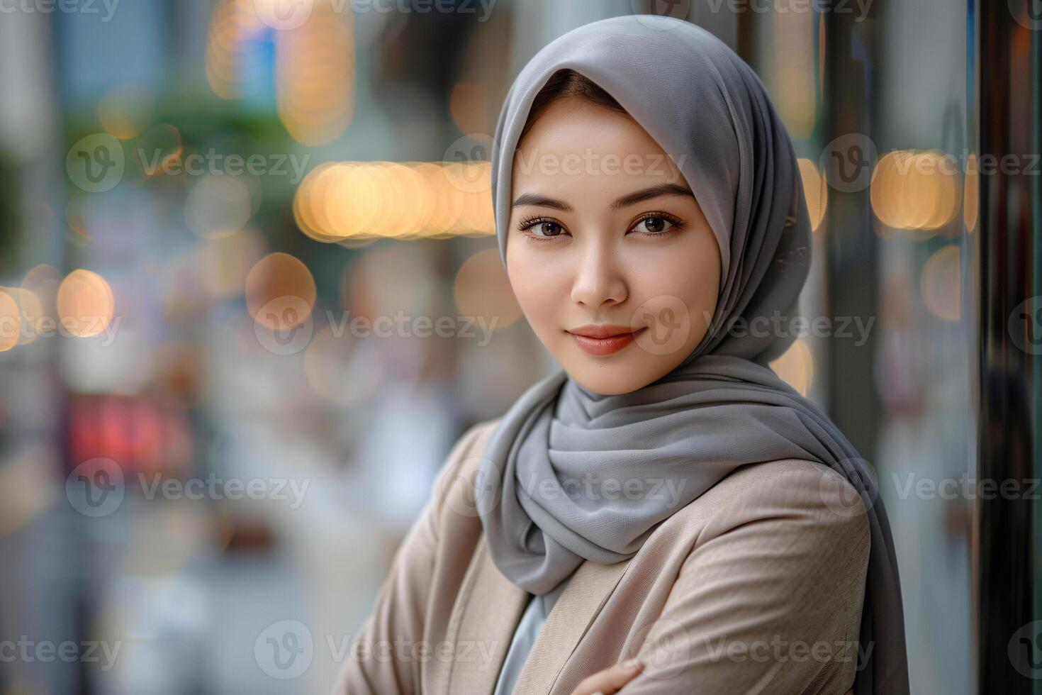 Elegant Young Asian Woman in a Grey Hijab Smiling Confidently on a Busy City Street photo