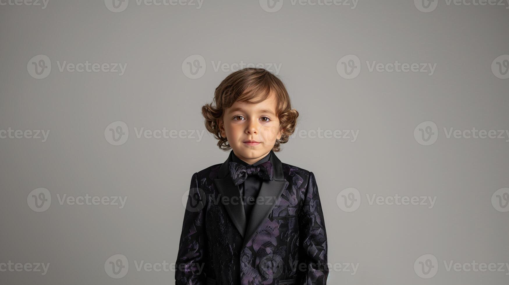 Young Boy in Elegant Black Suit with Curly Hair in Studio Portrait photo