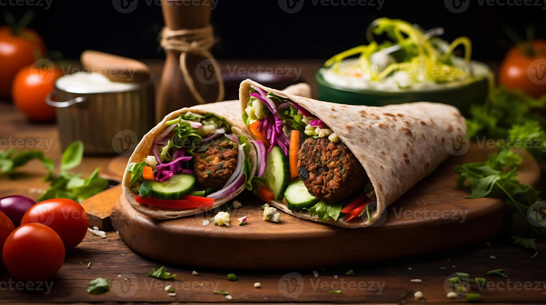 A falafel wrap sits on a wooden board background. Food photography. photo