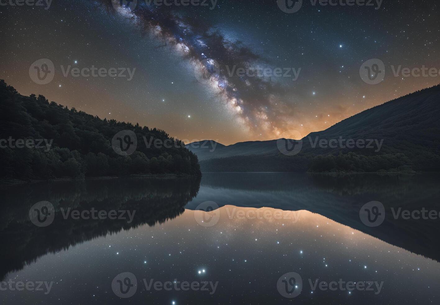 Celestial Reflection A Mirror Image of the Milky Way in a Still Lake photo