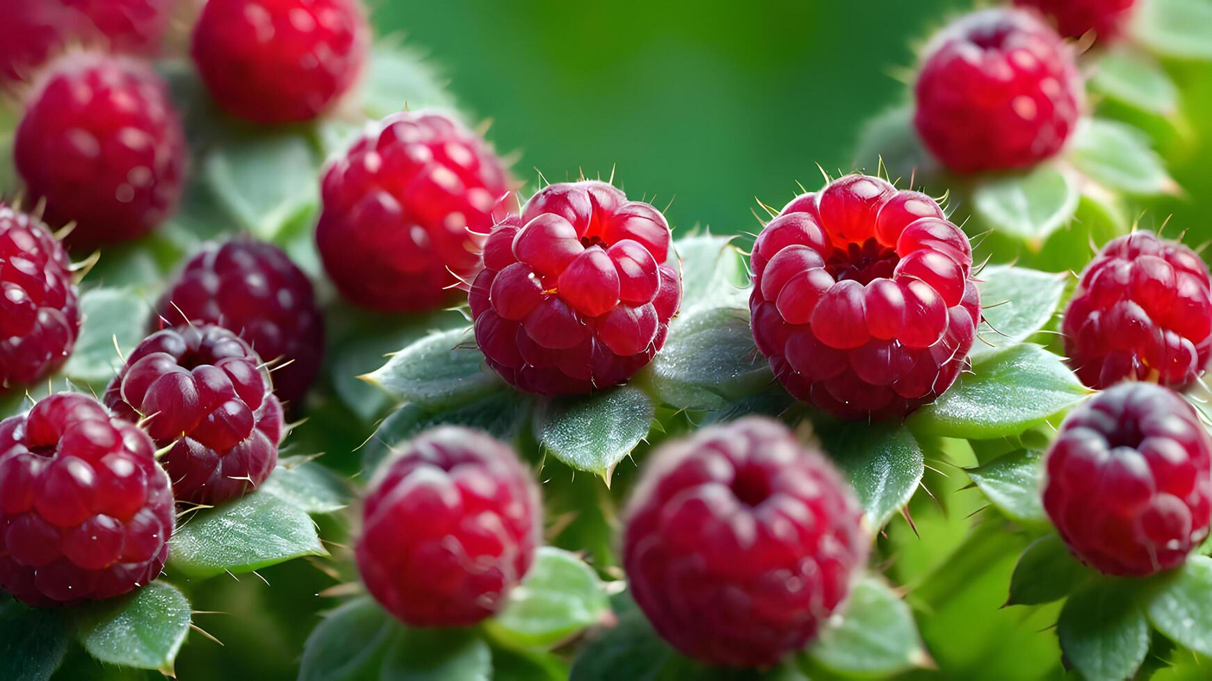 Close-up of Fresh Raspberries on the Vine photo