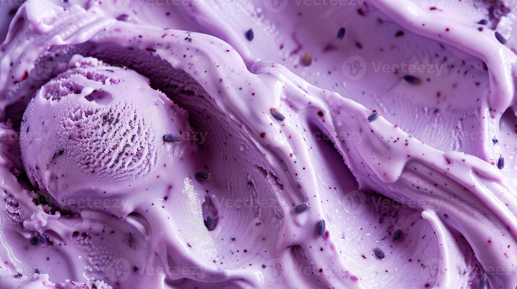 close-up texture of purple ice cream with taste blueberry lavender fizz. Refreshing and floral flavor that combines sweet blueberries with hint of lavender and fizzy sensation. flavour trends photo