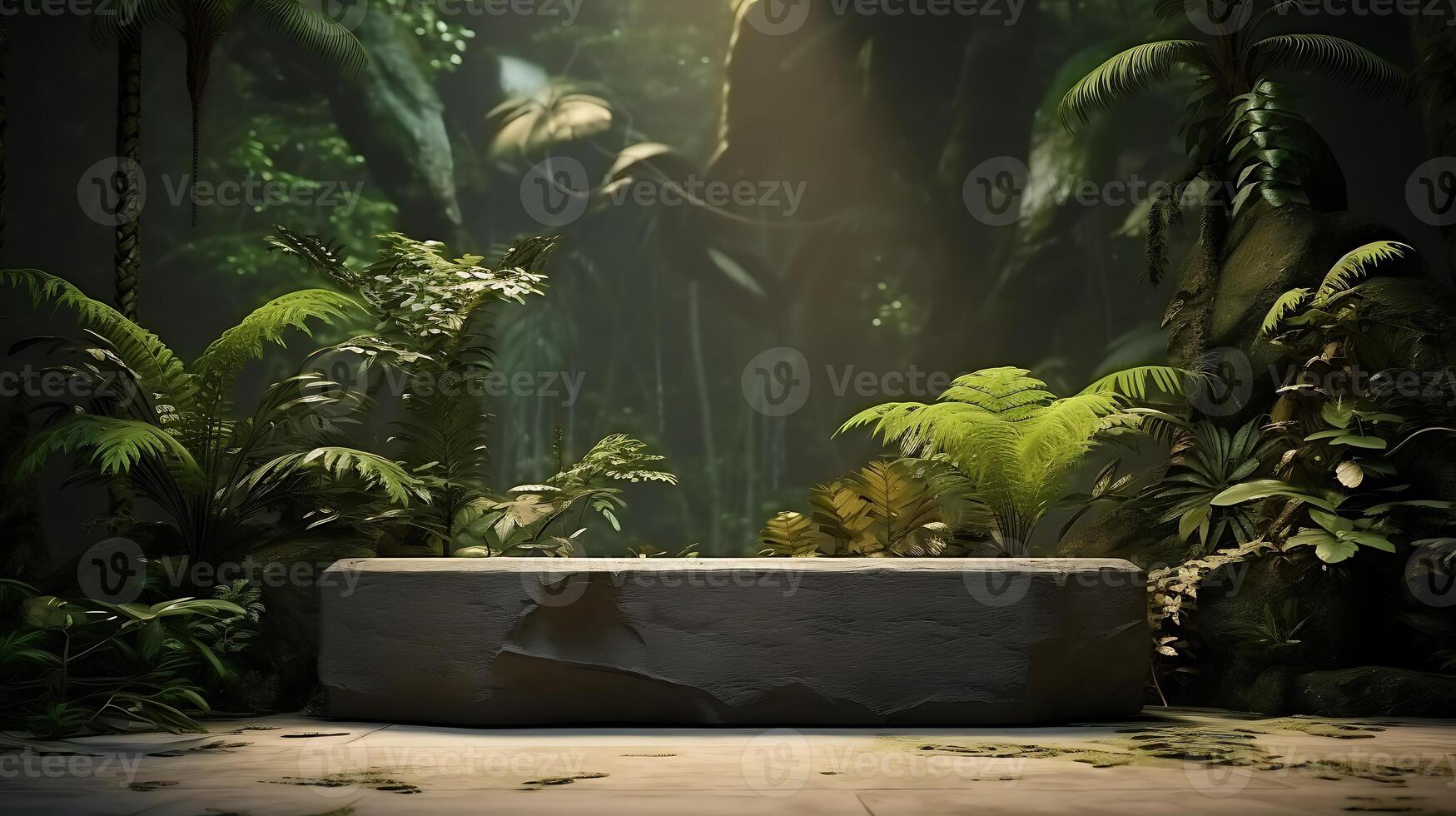 Stone podium Mockup Display in outdoors tropical garden forest nature background photo
