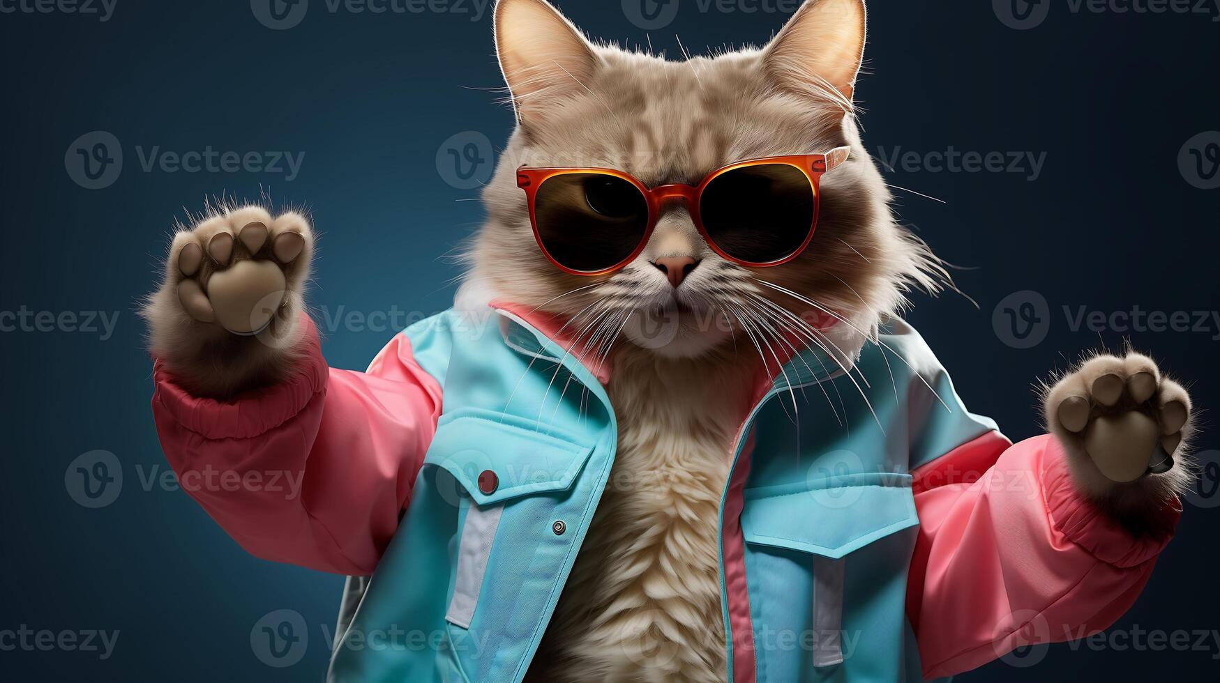 Smart cat wearing sunglasses and a Hawaiian shirt on the Dark Blue Background photo