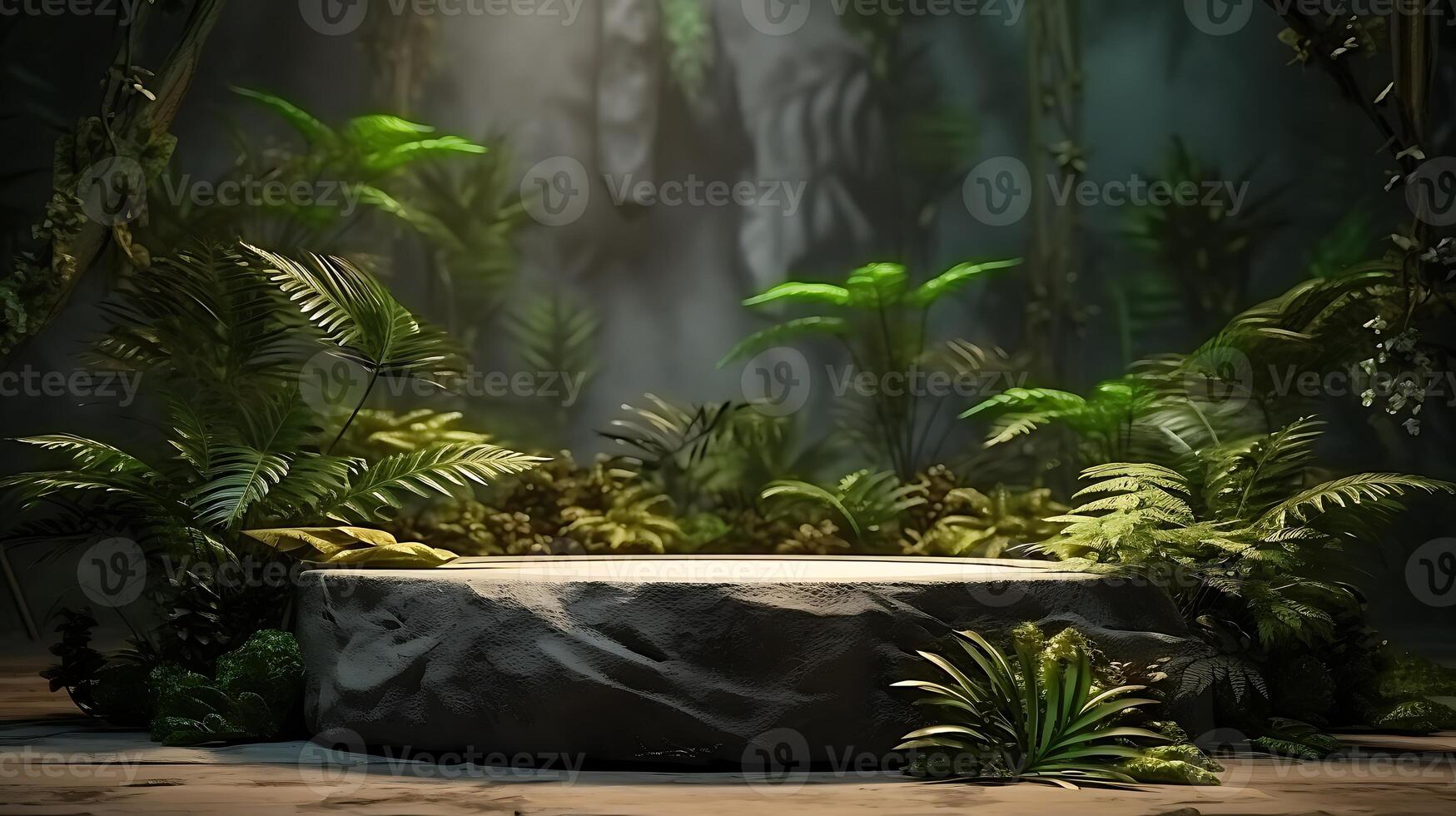Natural Stone Podium in the Topical forest nature background for product mockups photo