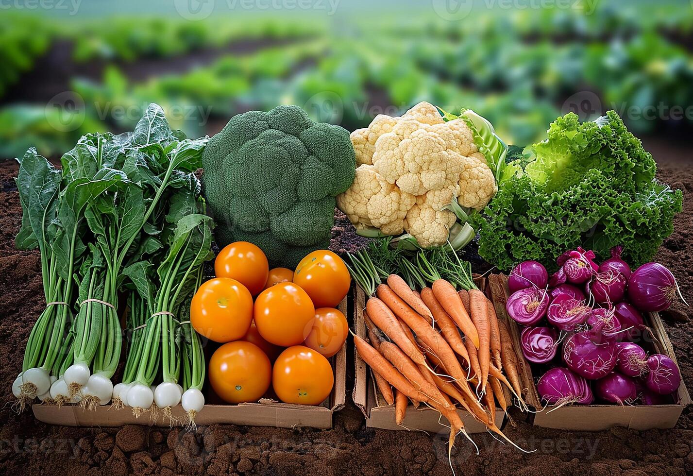 Closeup of freshly harvested vegetables in the garden photo