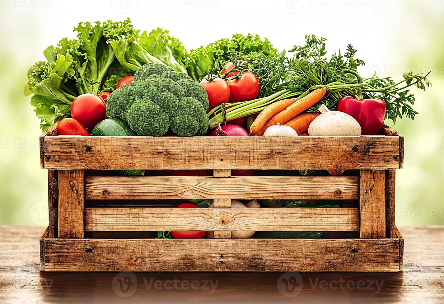 Wooden crate of farm fresh vegetables outdoors in sparkling sunlight on greenery photo