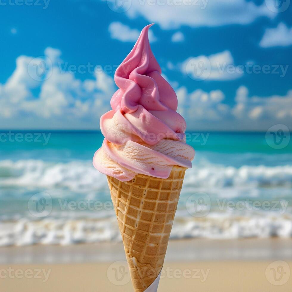 Pink ice cream in a waffle cone in hand on the background of a beautiful sea beach in the summer heat. Summer vacation concept photo