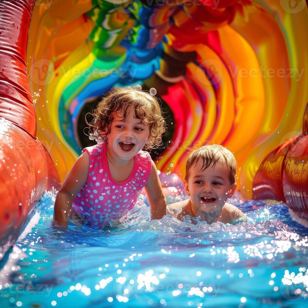 Happy children on slide at water park. Summer vacation. Joyful Child Swimming in Pool with Colorful Float on Sunny Day photo