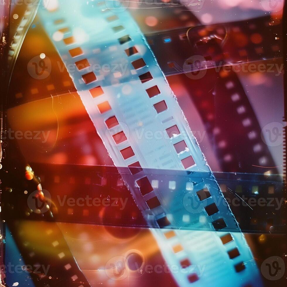 Detailed view of a film strip, perfect for illustrating photography concepts. Create a captivating 3D scene featuring a blank cinema filmstrip from a unique perspective photo