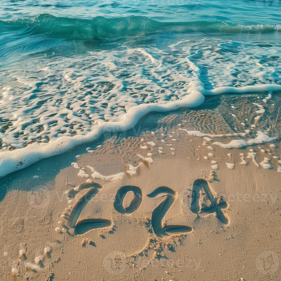 2024 concept lettering on the beach sand of exotic caribbean island, beautiful sea sunrise with palm trees. Summer vacation concept. photo