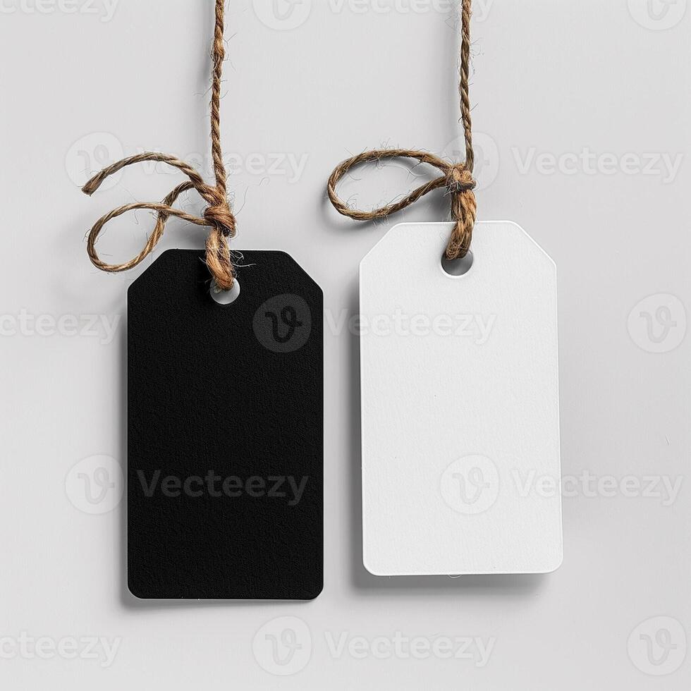 Black and white tags with strings on a gray background, blank tags concept, mock-up, copy space. Label tag mockup. Label Tag mockup template. Cloth label tag blank mockup. Price Label tag mockup. photo