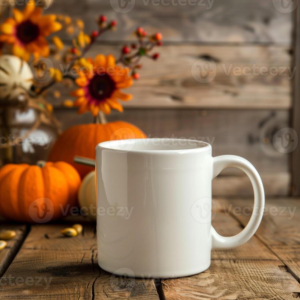 Mockup of a white coffee cup and pumpkin on an old wooden table against a background of beautiful autumn nature. Decoration for Halloween and Thanksgiving. Autumn still life, background or banner. photo