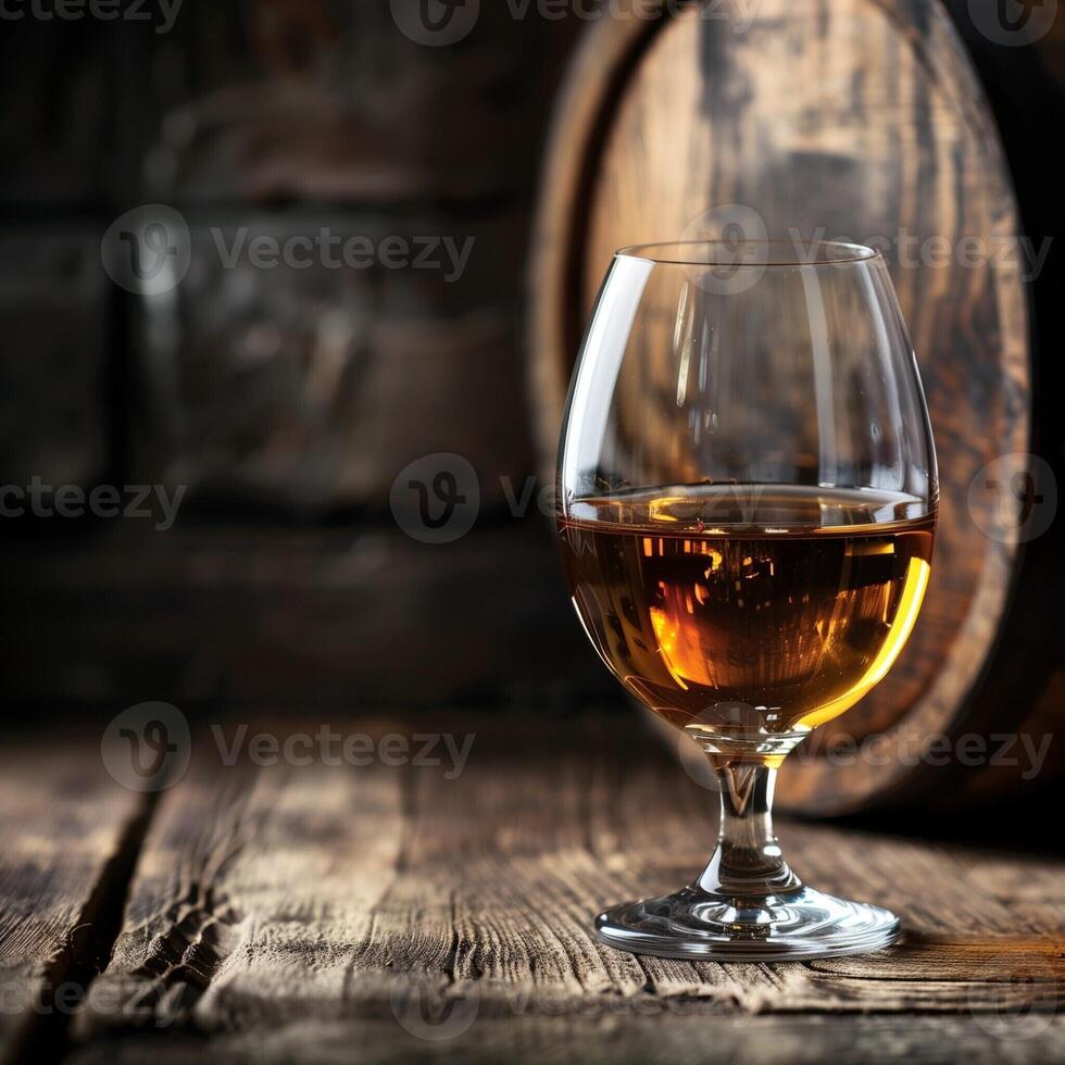Glass of cognac on the table in the cellar of traditional winery. Glasses of brandy in cellar with old barrels photo