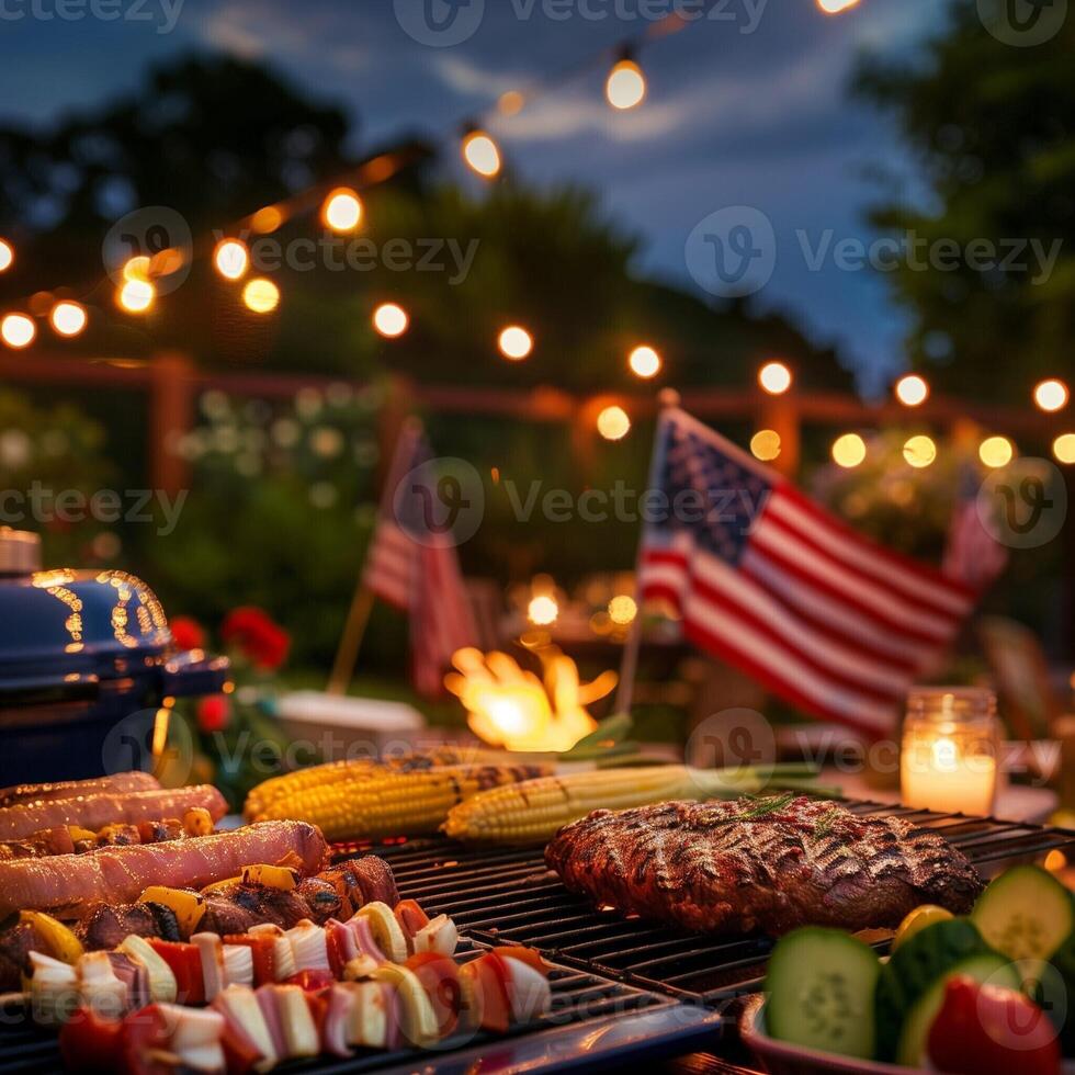Barbecue party with grilled food in backyard with American flags. 4th of July, USA Independence Day photo