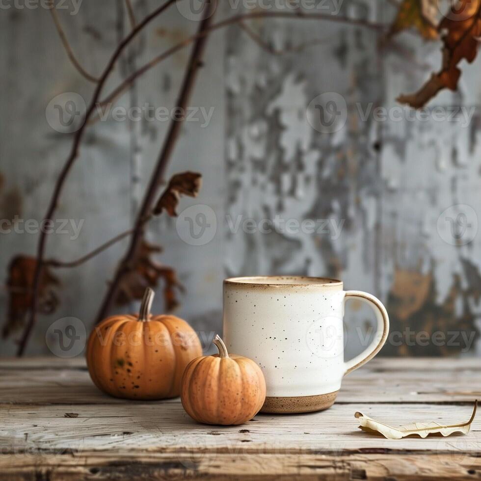 Mockup of a white coffee cup and pumpkin on an old wooden table against a background of beautiful autumn nature. Decoration for Halloween and Thanksgiving. Autumn still life, background or banner. photo