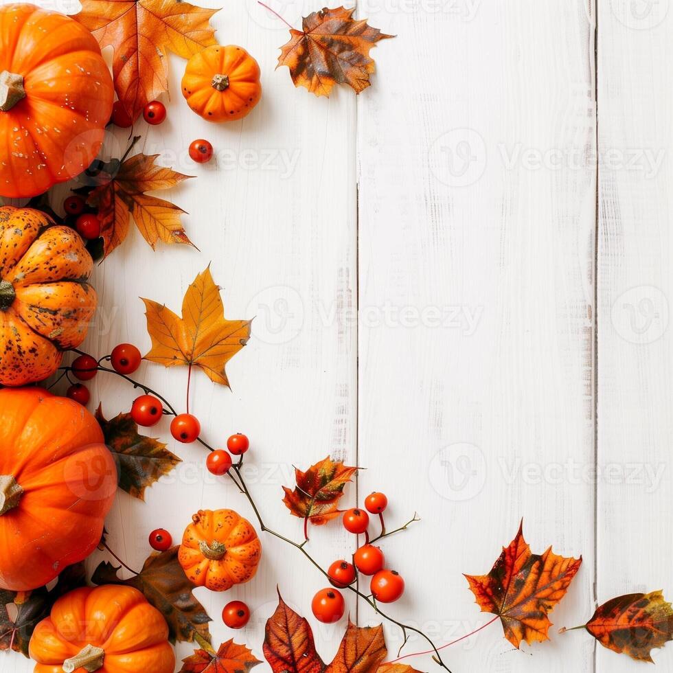 Autumn top border of orange, white and striped pumpkins on a white wood background. Top view with copy space. Autumn Decor Pumpkins and Leaves on White Wooden Background photo