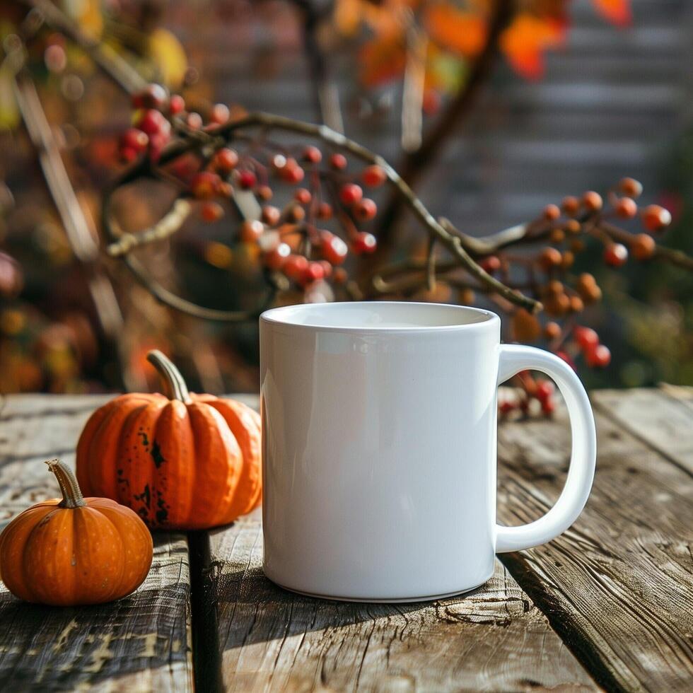 Mockup of a white coffee cup and pumpkin on an old wooden table against a background of beautiful autumn nature. Decoration for Halloween and Thanksgiving. Autumn still life, background or banner. photo