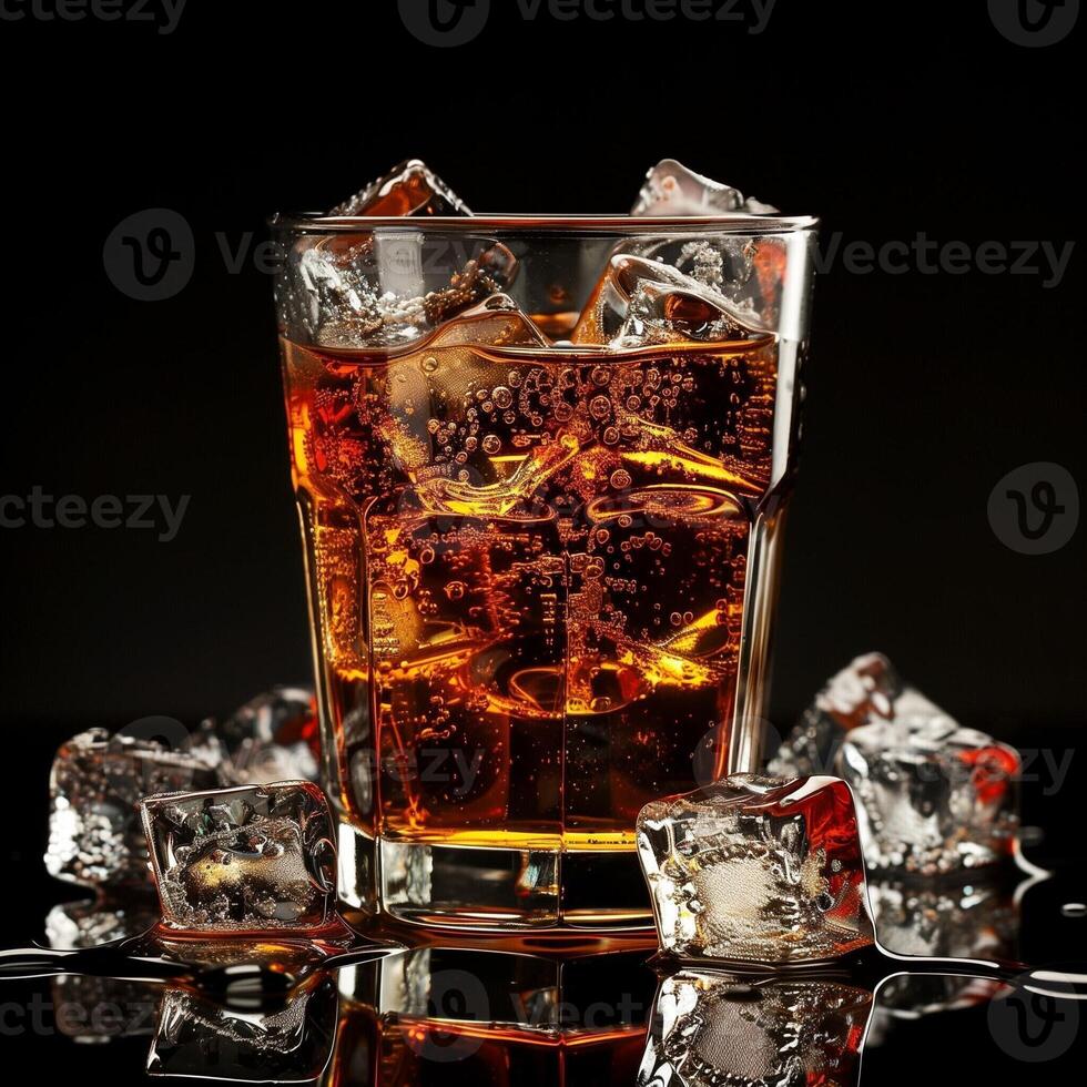 Glass of refreshing cola with ice cubes on a black background. Cool summer soda mockup. photo