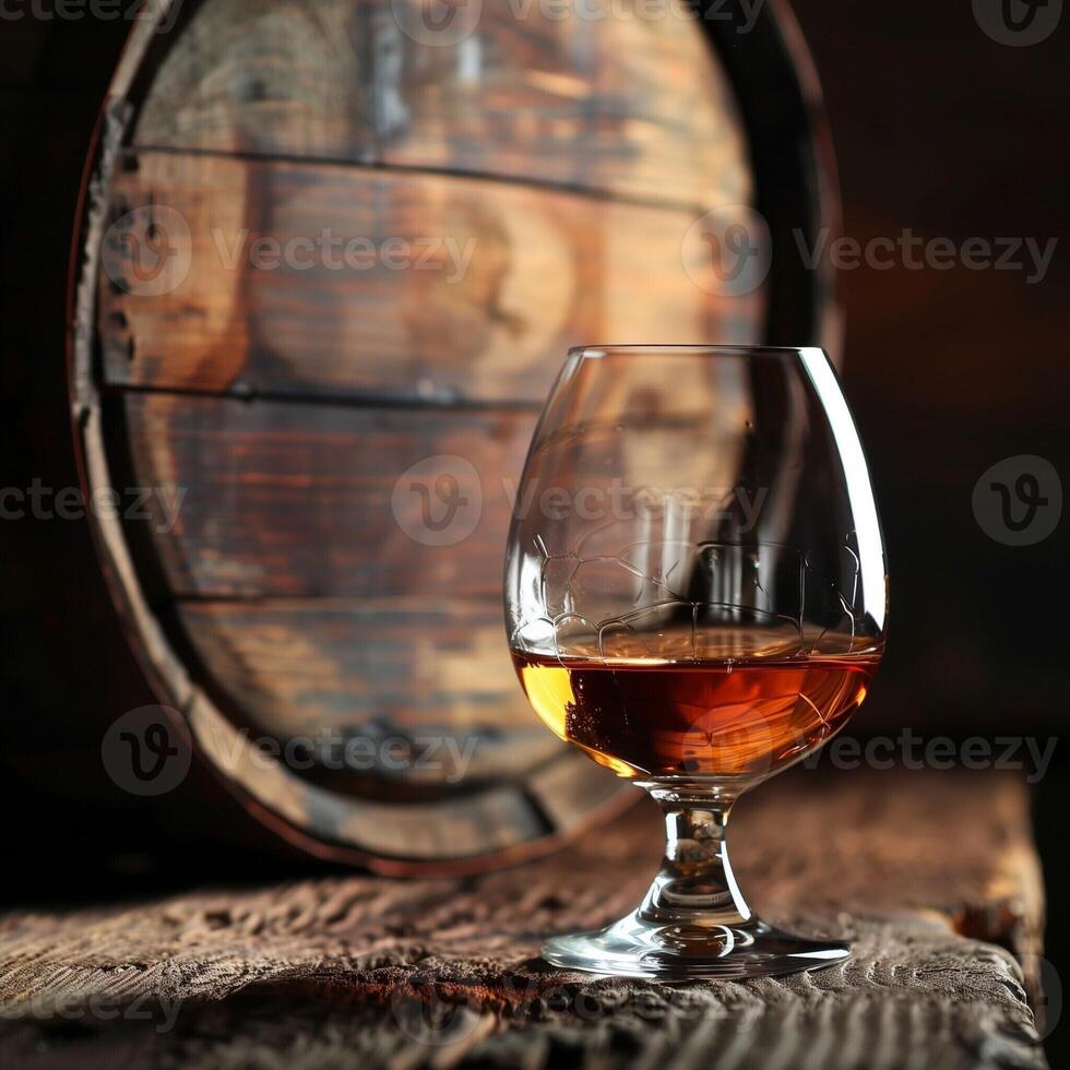 Glass of cognac on the table in the cellar of traditional winery. Glasses of brandy in cellar with old barrels photo