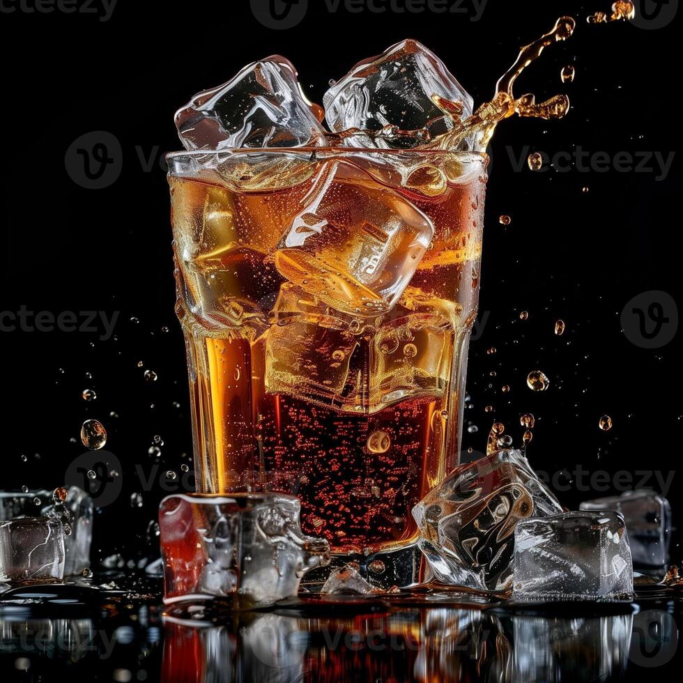 Glass of refreshing cola with ice cubes on a black background. Cool summer soda mockup. photo