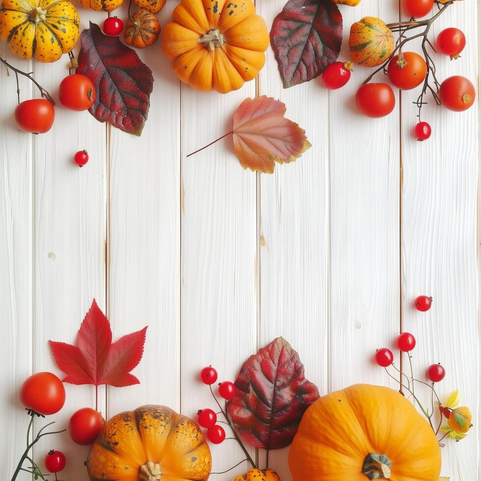 Autumn top border of orange, white and striped pumpkins on a white wood background. Top view with copy space. Autumn Decor Pumpkins and Leaves on White Wooden Background photo
