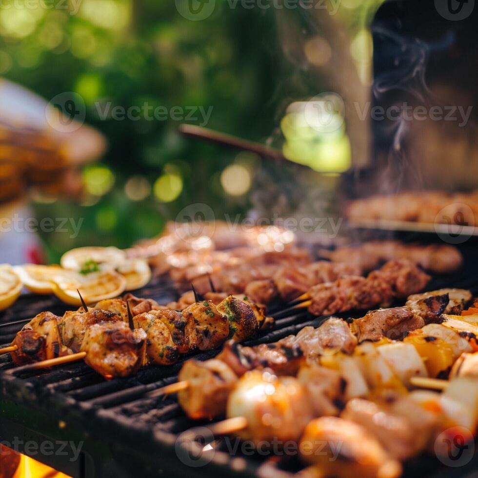 Barbecue party with grilled food in backyard with American flags. 4th of July, USA Independence Day photo