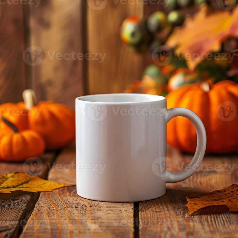 Mockup of a white coffee cup and pumpkin on an old wooden table against a background of beautiful autumn nature. Decoration for Halloween and Thanksgiving. Autumn still life, background or banner. photo