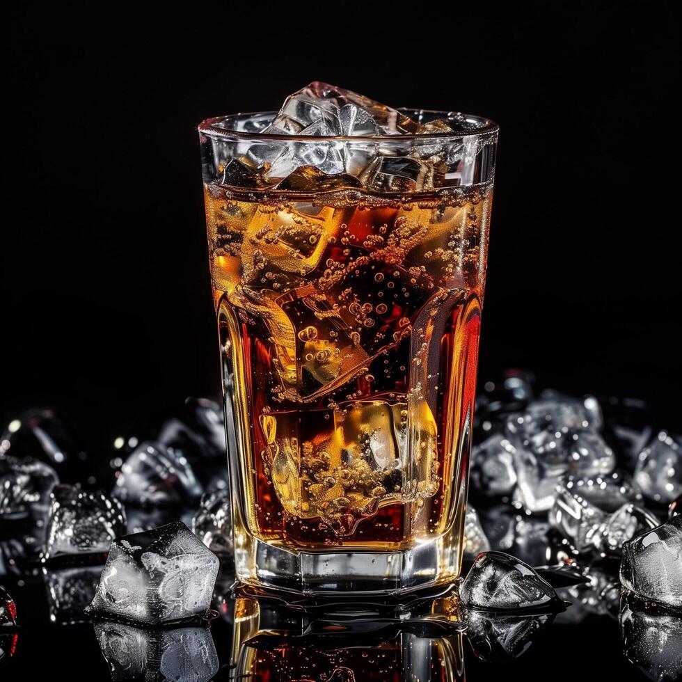 Glass of refreshing cola with ice cubes on a black background. Cool summer soda mockup. photo