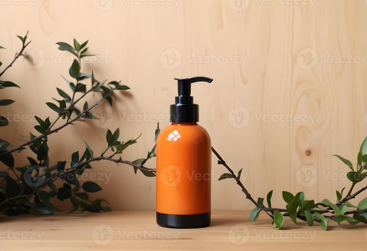 Minimal modern cosmetic Container with tree branches on neutral beige background photo