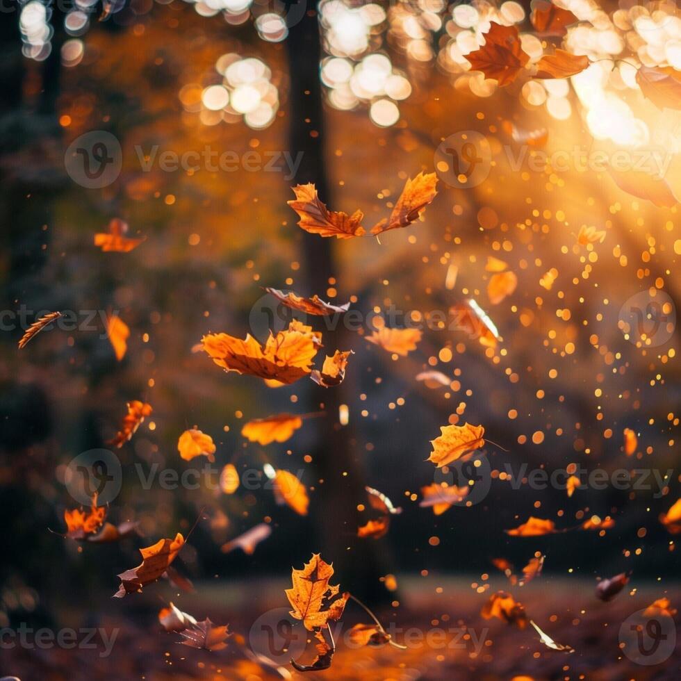 Flying fall leaves on autumn forest background, copy space. Autumn leaves in the forest. Nature background. Fall season. photo