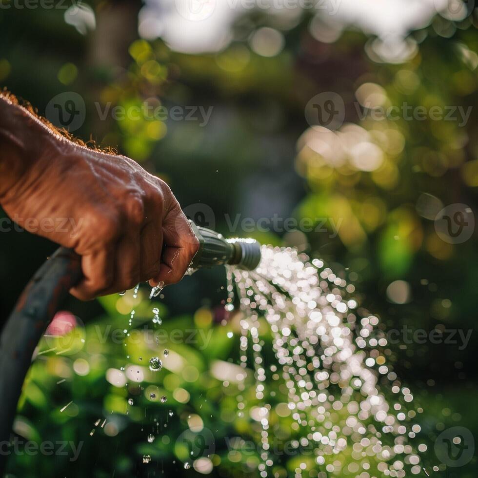 Close up of a hand holding a hose pipe watering the garden in summer. A person watering plants in a garden with a hose in hand on a sunny day. photo