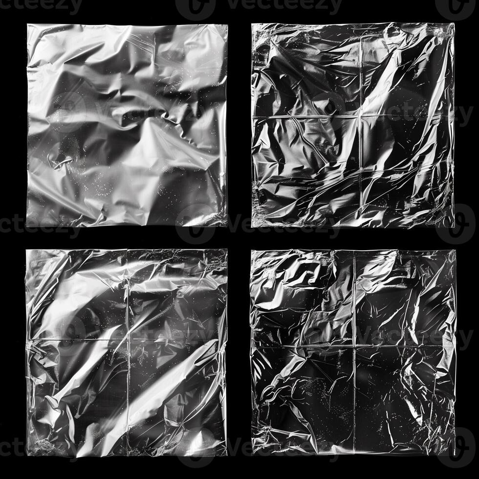 A collection of black plastic textures or square-shaped polyethylene textures with the effect of damage and scuffs. photo