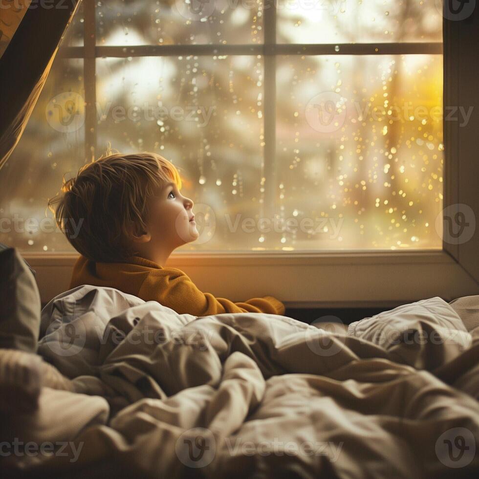A lonely child sits on the windowsill and looks out the window concept closeup portrait photo