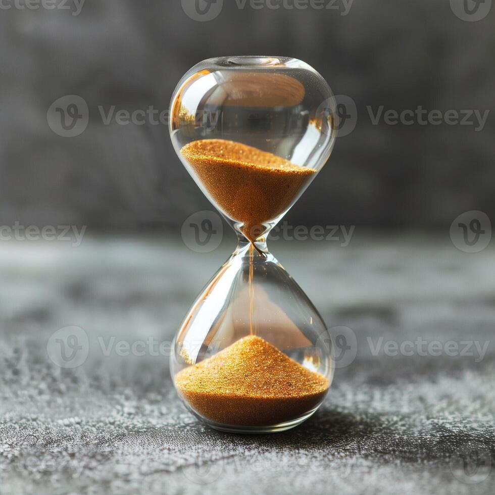 Hourglass. Sand passing in hourglass, countdown running time, deadline on grey background copy space. Falling sand showing the passing time of hourglass close-up and isolated concept for business photo
