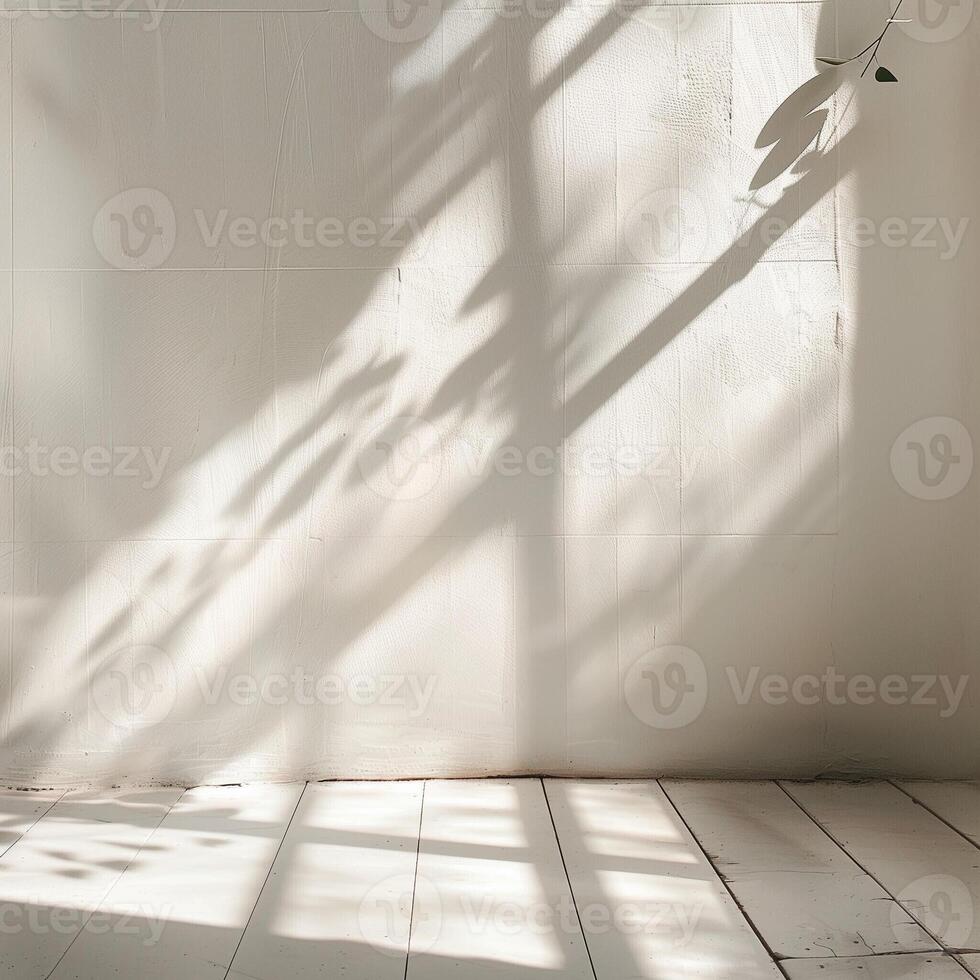 Empty room with sunlight streaming through large windows, minimalism concept photo