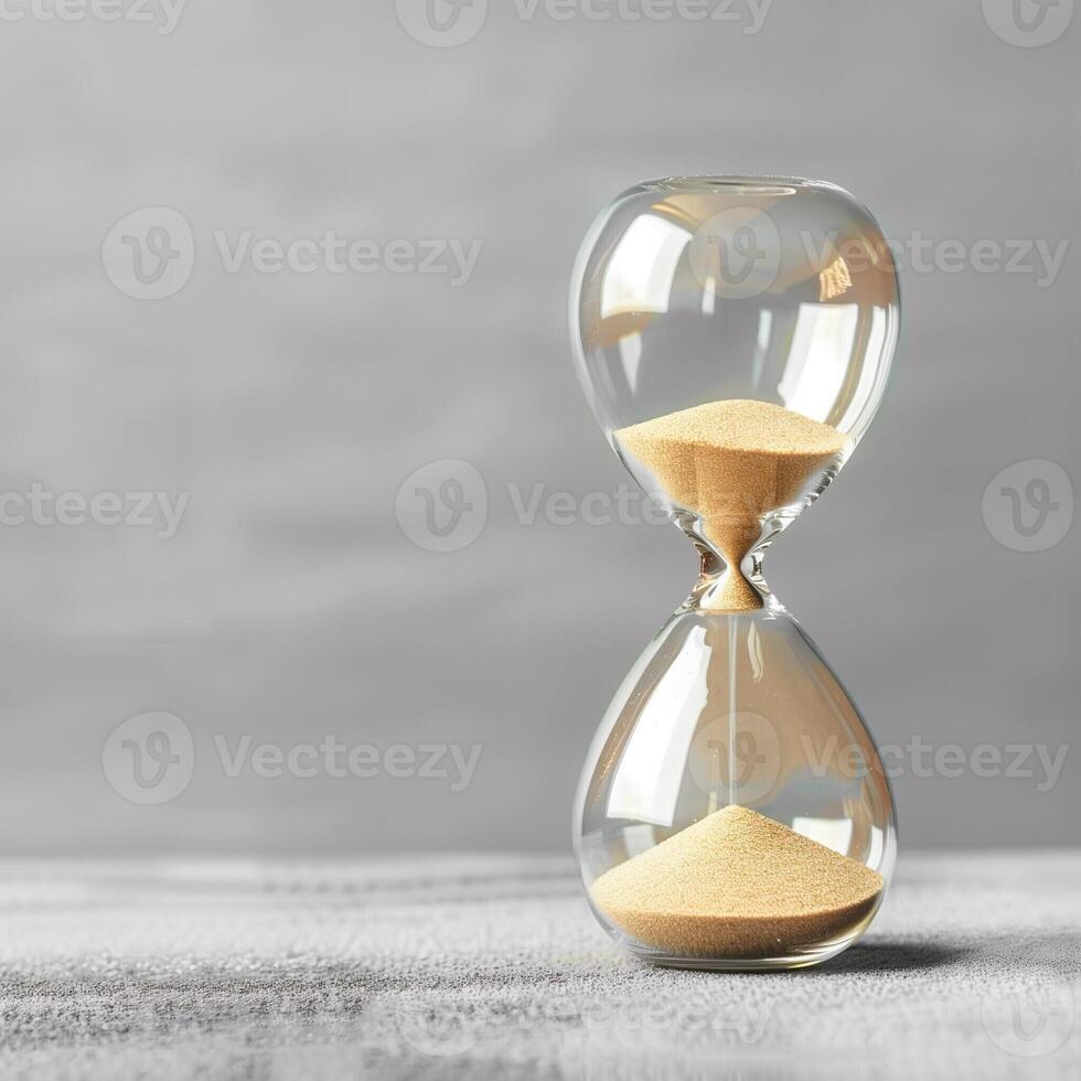 Hourglass. Sand passing in hourglass, countdown running time, deadline on grey background copy space. Falling sand showing the passing time of hourglass close-up and isolated concept for business photo