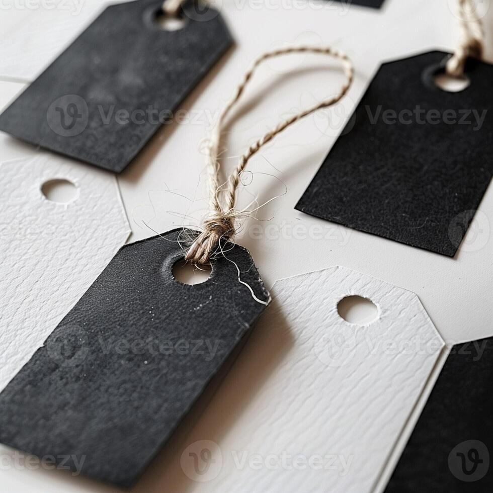 Black and white tags with strings on a gray background, blank tags concept, mock-up, copy space. Label tag mockup. Label Tag mockup template. Cloth label tag blank mockup. Price Label tag mockup. photo