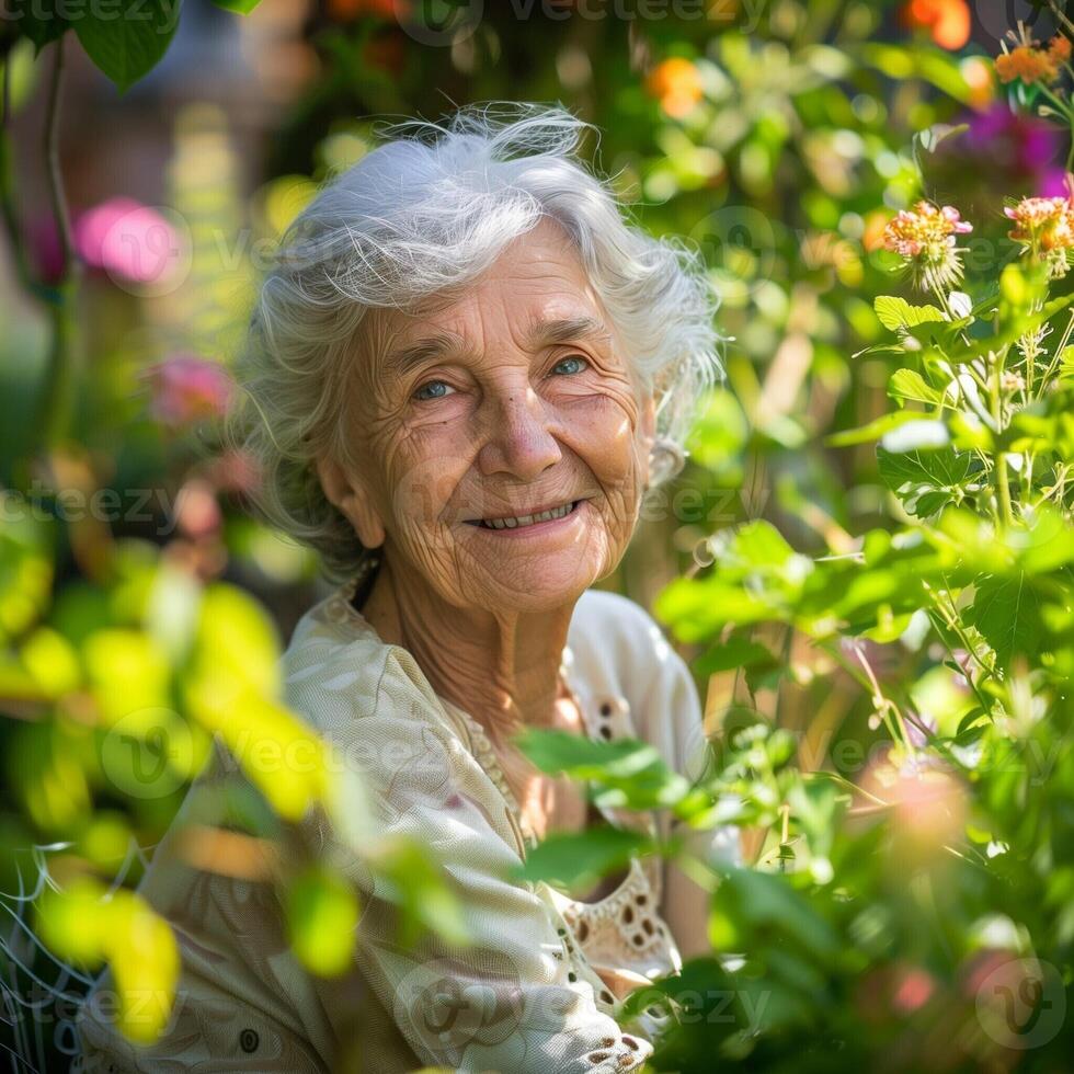 Portrait of an elderly woman in a beautiful garden among bright beautiful flowers. The serene look of an elderly happy man, conveying peace and contentment, suitable for retirement themes. photo