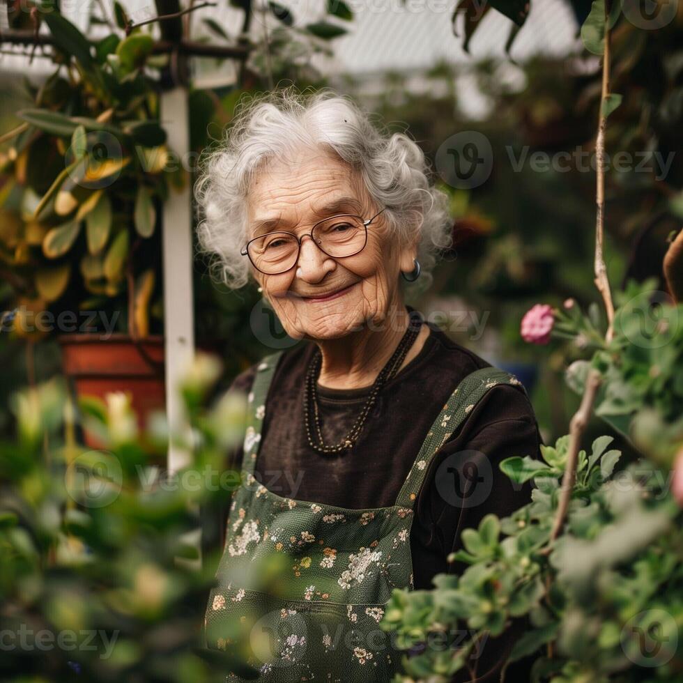 Portrait of an elderly woman in a beautiful garden among bright beautiful flowers. The serene look of an elderly happy man, conveying peace and contentment, suitable for retirement themes. photo