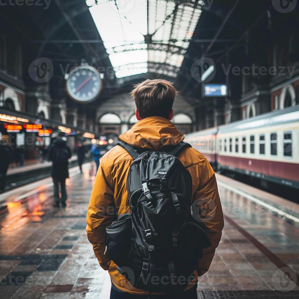 A man with a backpack is standing in front of a train station. A rear view shot of a trendy young man standing on the platform, hands in pockets, as he waits for his train to arrive, with the bustlin photo