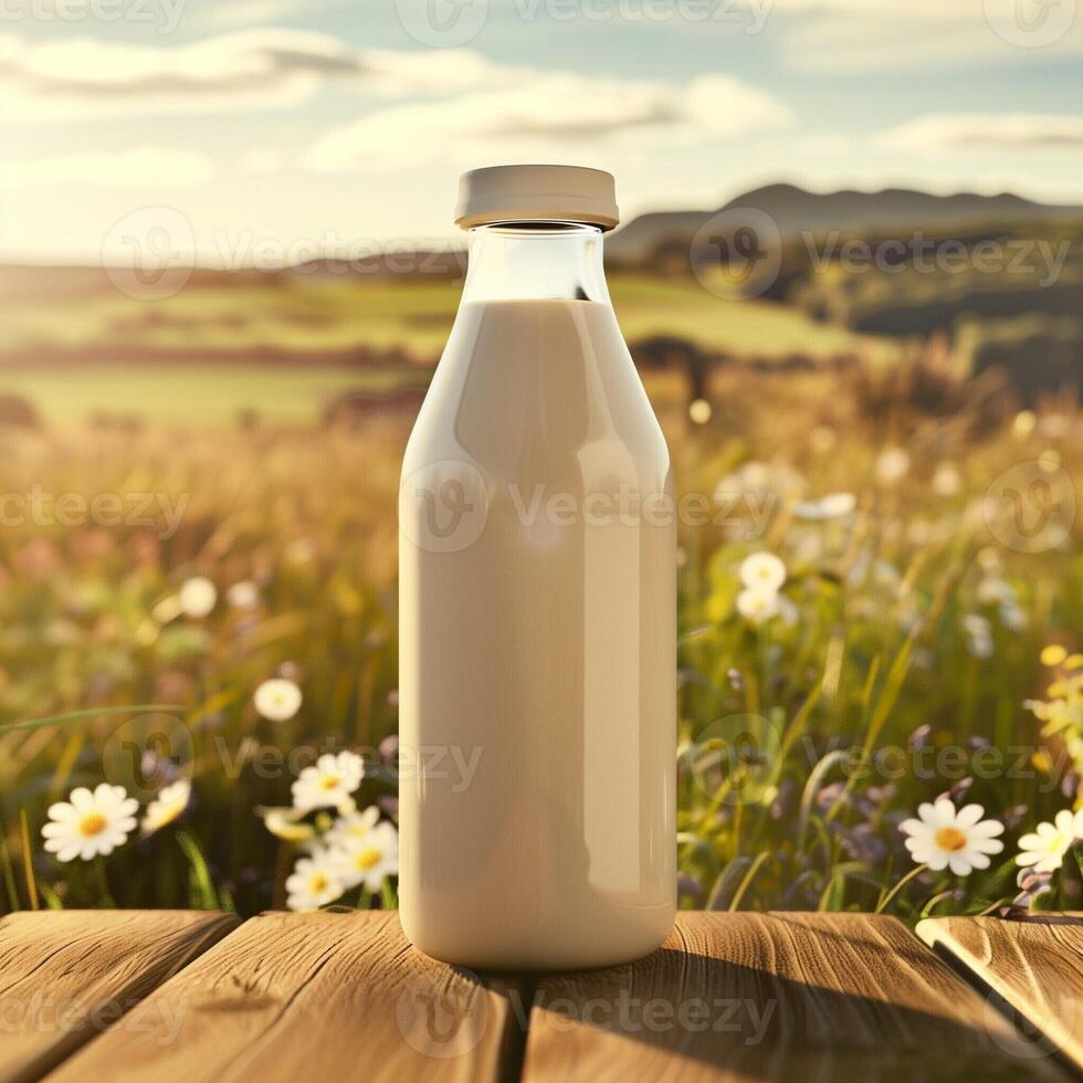 A bottle of milk on a stand, in the background there is a beautiful meadow with green grass and cows, an illustration for advertising proper nutrition and health. Modern agriculture photo