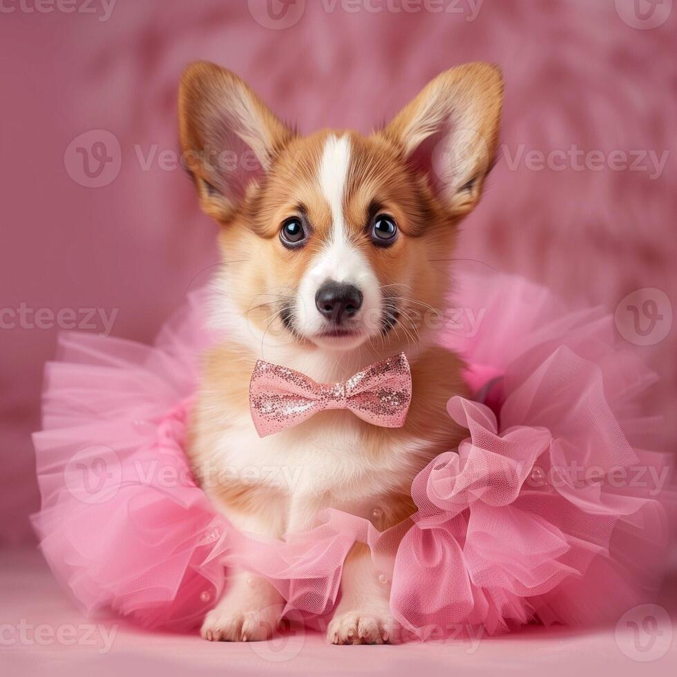 Adorable corgi puppy in a pink tutu and bowtie on a studio background photo