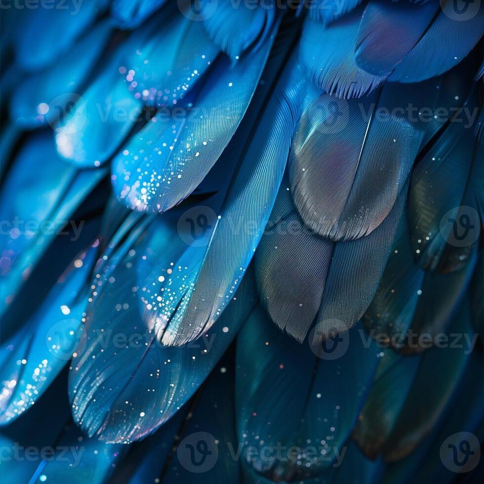 Captivating close-up of vibrant blue feathers with sparkling details and texture, embodying natural elegant background with copy space photo