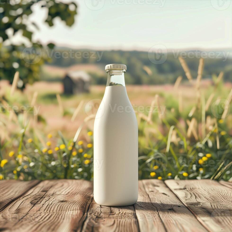 A bottle of milk on a stand, in the background there is a beautiful meadow with green grass and cows, an illustration for advertising proper nutrition and health. Modern agriculture photo