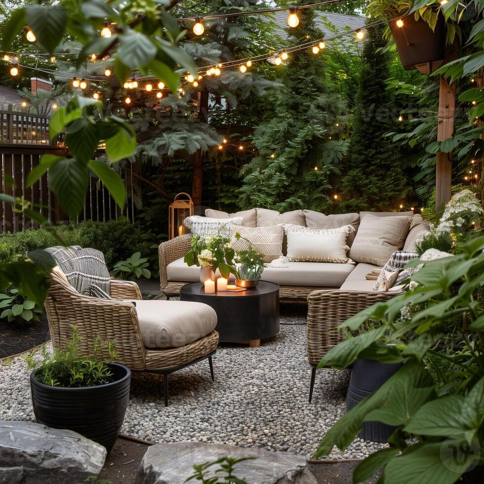 Cozy Backyard Patio with String Lights. Garden Outdoor Relaxation. Inviting patio with comfortable furniture, string lights, and lush greenery, creating a relaxing ambiance for summer outdoor evenings photo