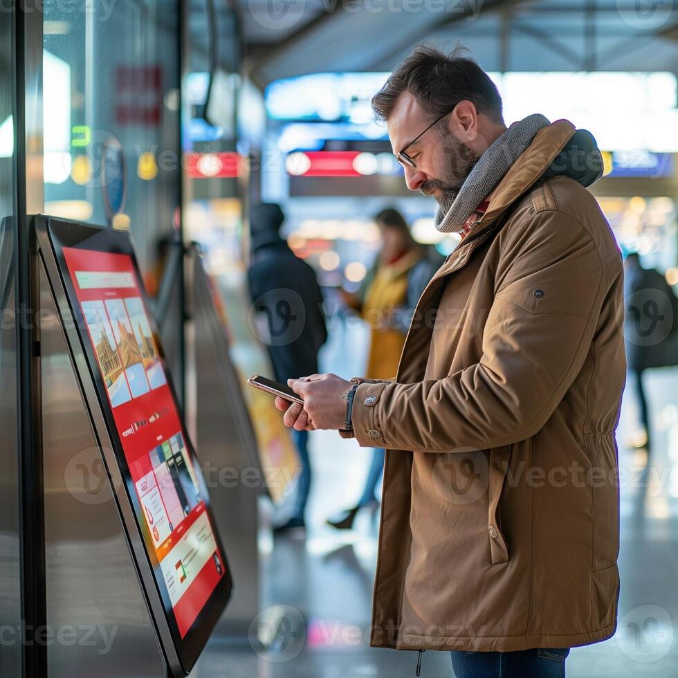 Businessman using his smartphone at a digital touchscreen kiosk in a modern station. photo