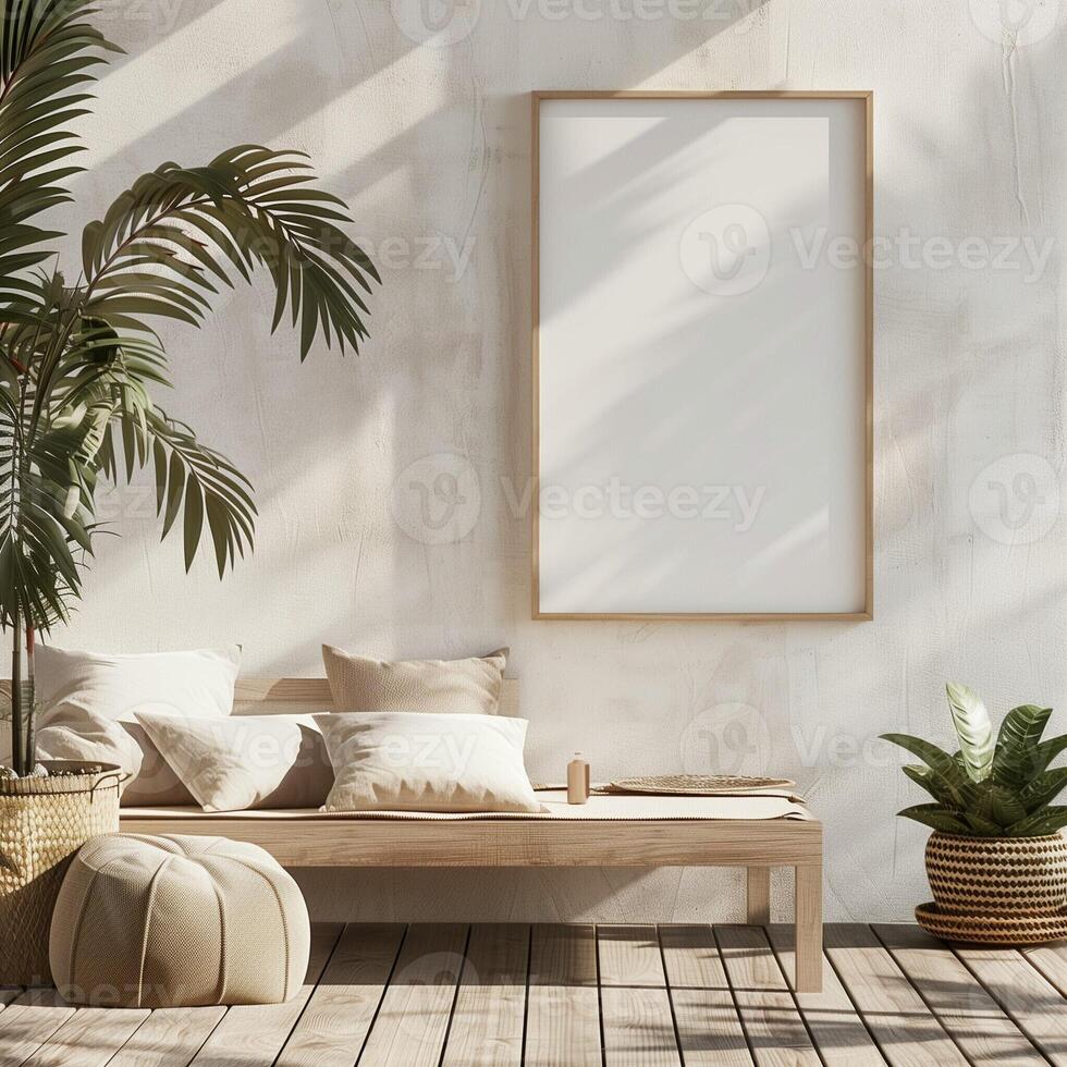 Poster Mockup in Minimalist Scandinavian Interior. White chair in modern living room with white walls and blank frame. Interior 3d render. photo