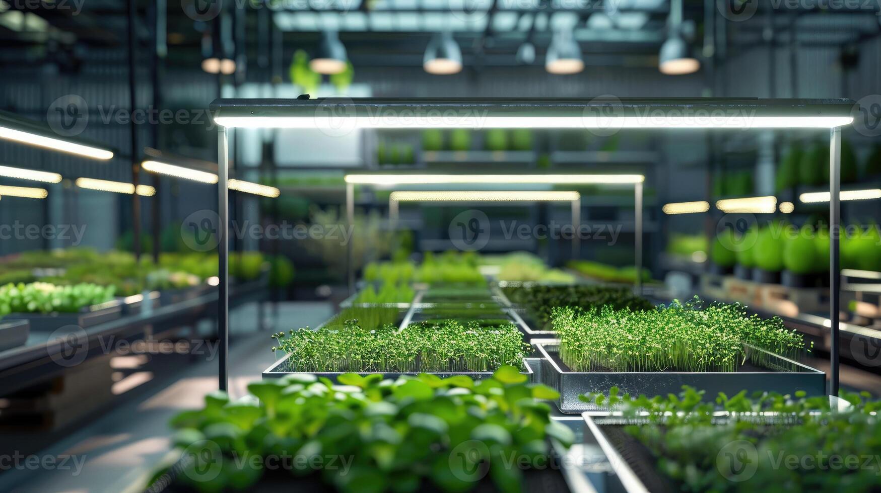 Greenhouse background, plants and growth for farming, agriculture and vegetables, fertilizer and soil. Automated Microgreen farm with watering and temperature control on vertical shelves photo